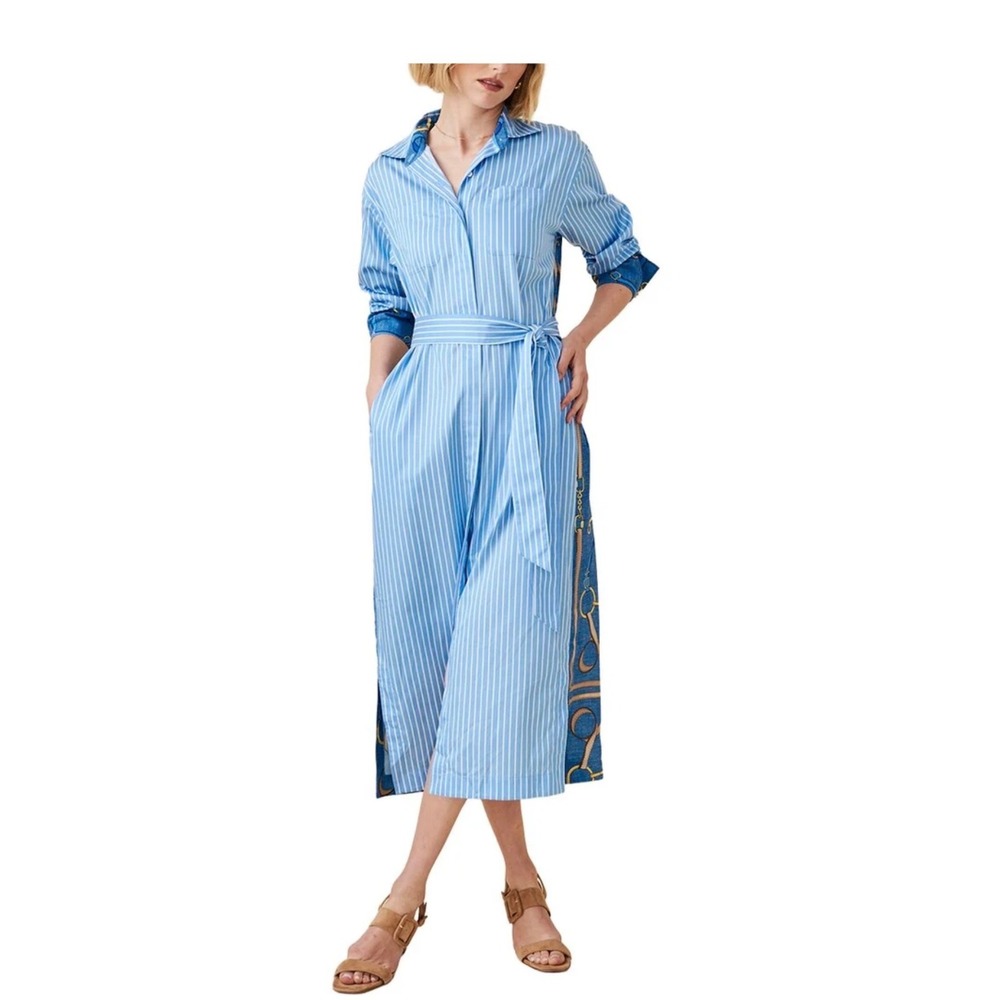 J.McLaughlin Striped quince Equestrian Midi Shirt Dress Blue White Large